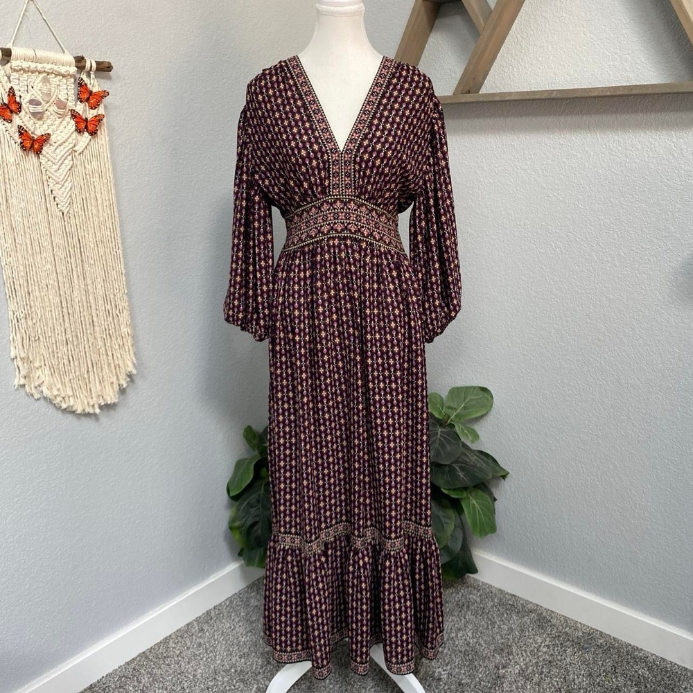 MAX STUDIO PURPLE BROWN GEOMETRIC PRINT MAXI DRESS QUARTER SLEEVE SMOCKED